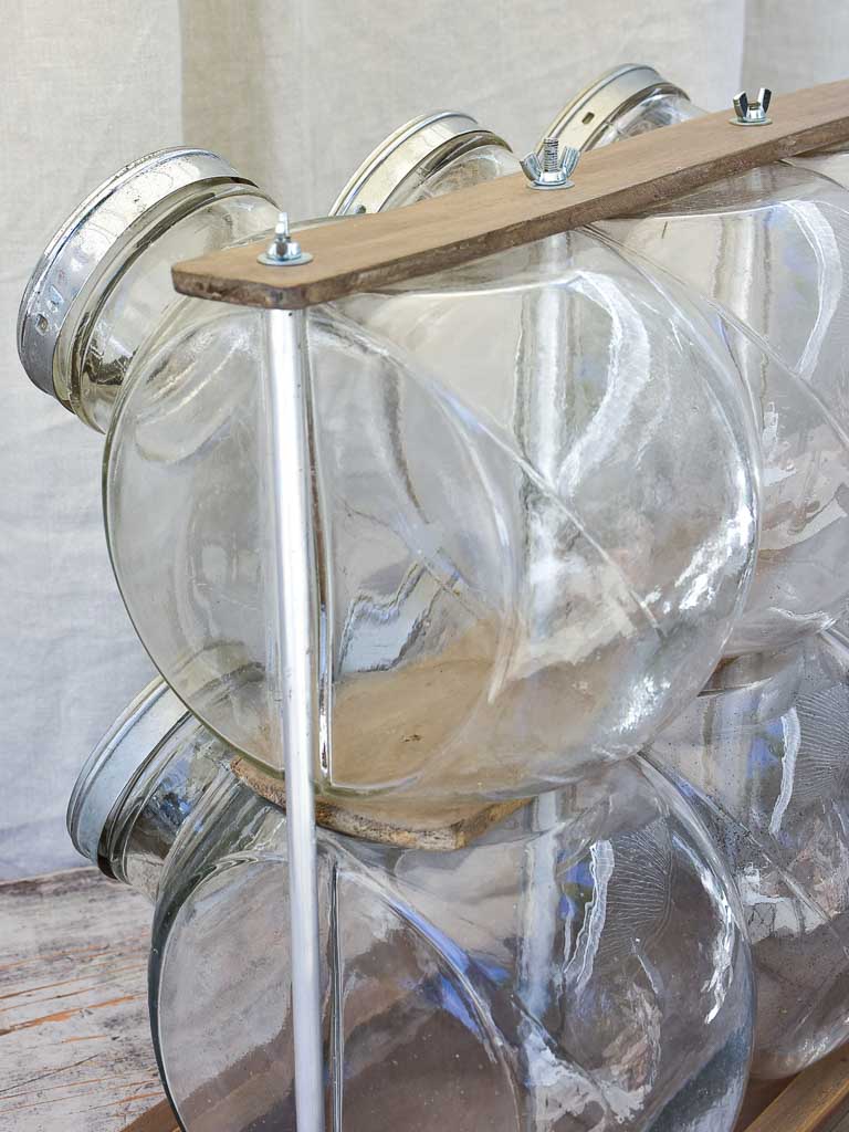Six Antique French Glass Jars with Wooden Stand