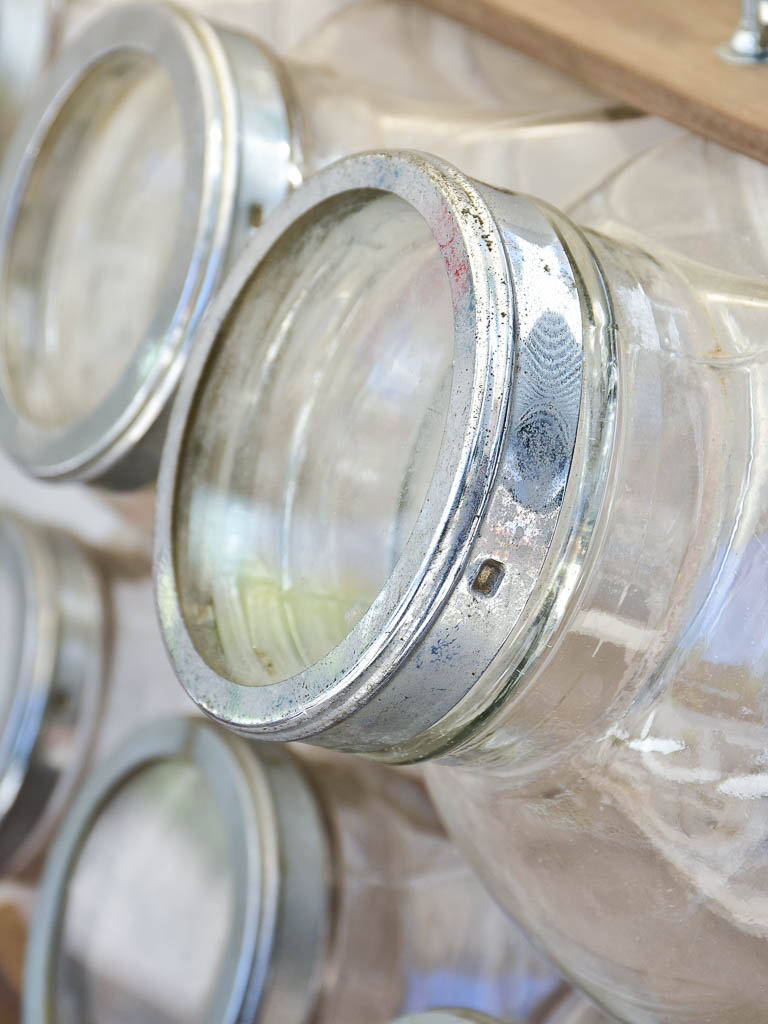 Six Antique French Glass Jars with Wooden Stand
