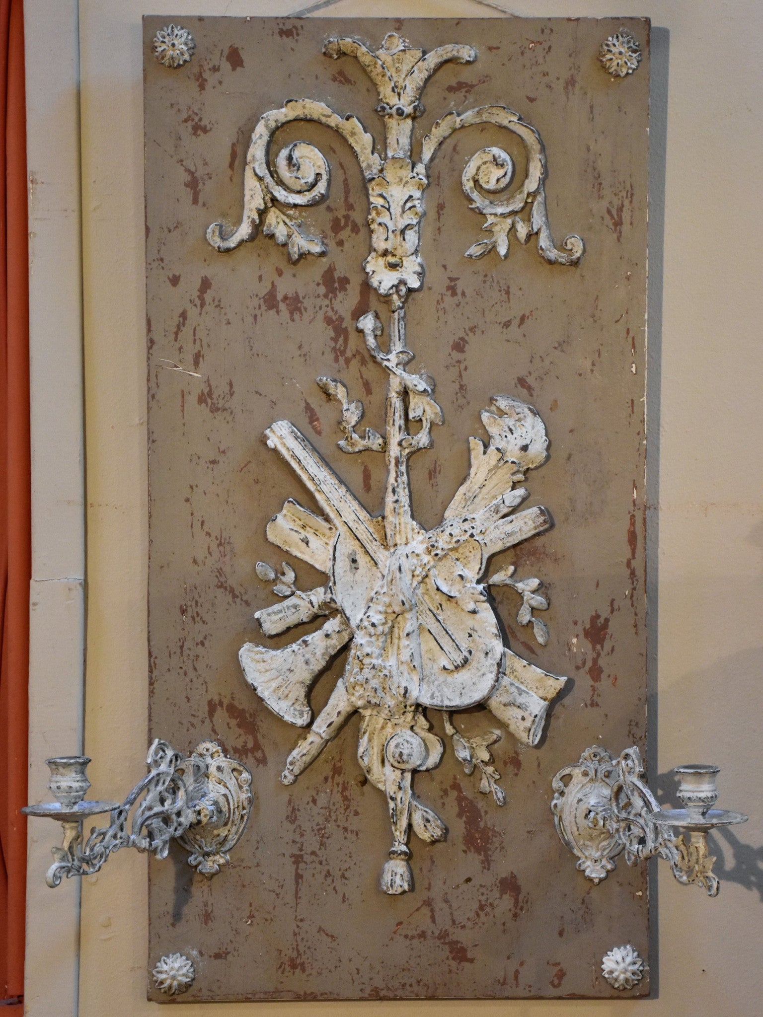 French candle wall sconce with white and grey patina