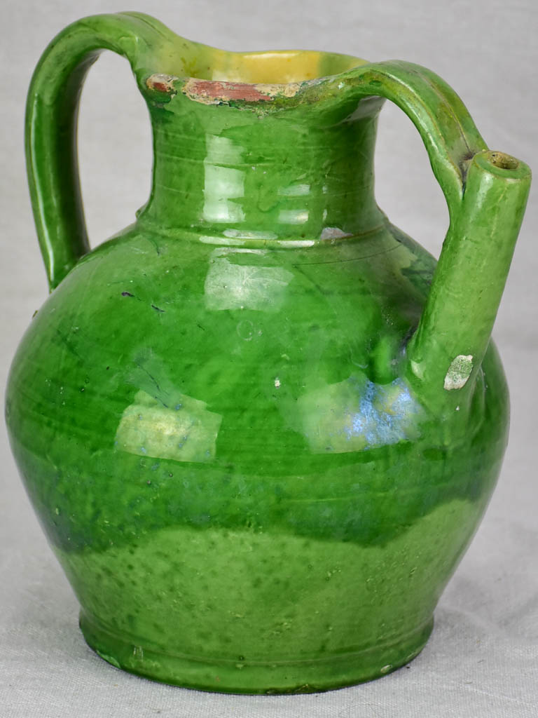 Early 20th century French water cruche with green glaze 9¾"