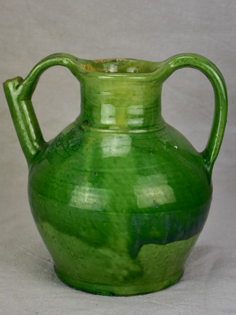Early 20th century French water cruche with green glaze 9¾"
