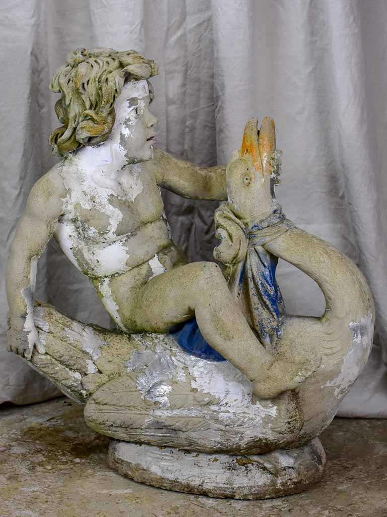 Antique Italian garden sculpture - boy on a flying goose 35"