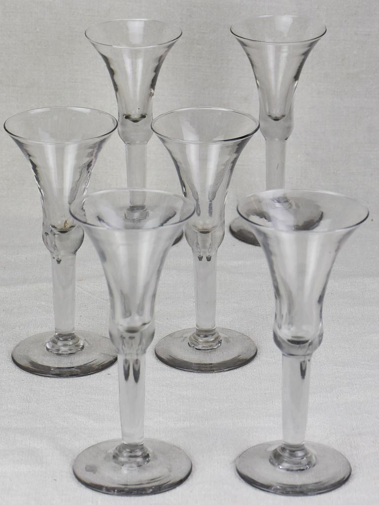 Six antique French wine glasses - hand blown