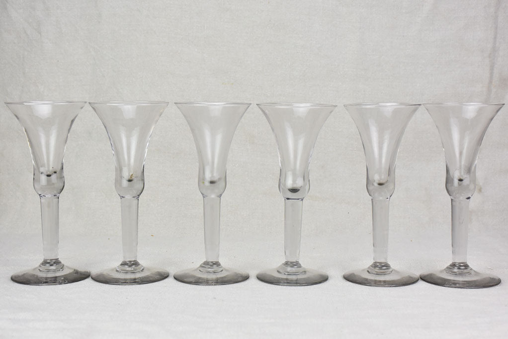 Six antique French wine glasses - hand blown