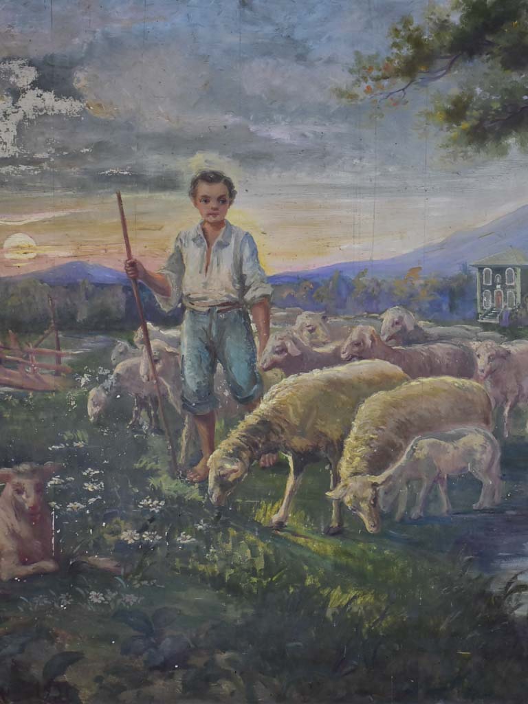 Very large painting of a young shepherd and his flock drinking at a st