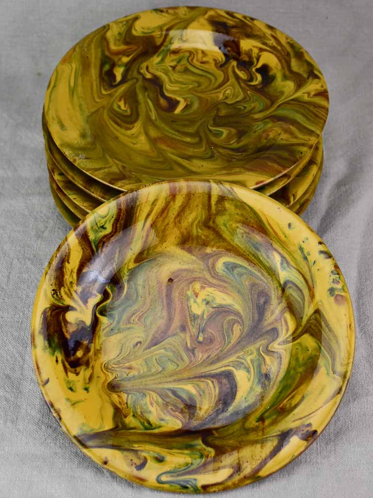 Six terracotta plates with green and yellow glaze 9½"