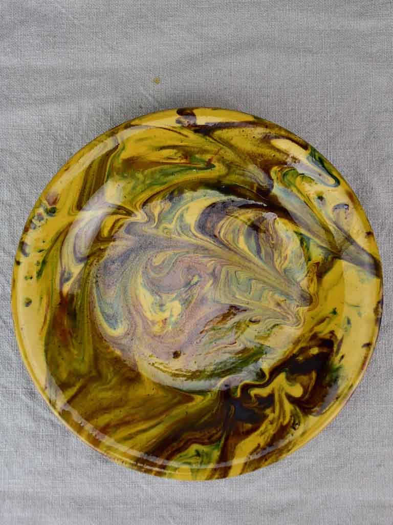 Six terracotta plates with green and yellow glaze 9½"