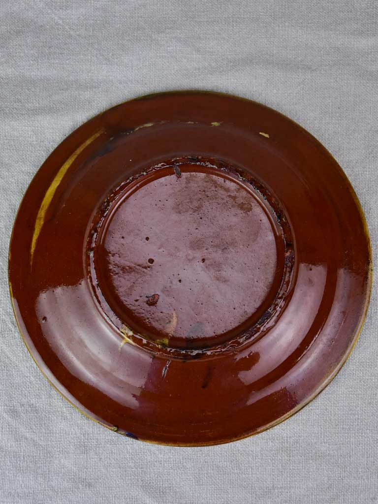 Six terracotta plates with green and yellow glaze 9½"