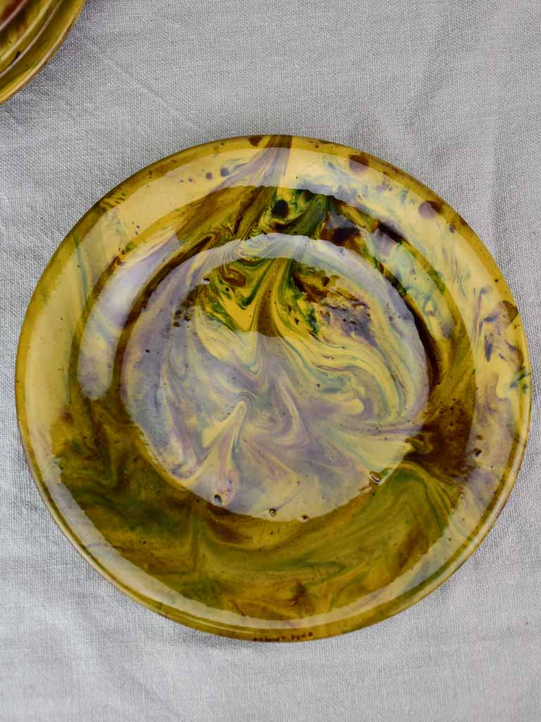 Six terracotta plates with green and yellow glaze 9½"