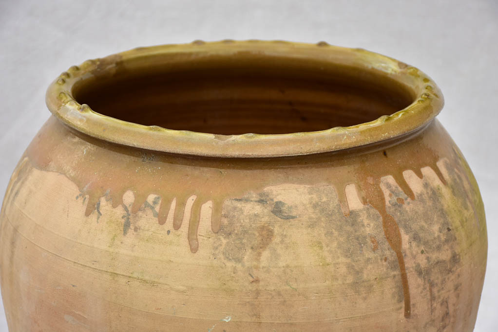 Antique olive jar with pea green glaze 19"
