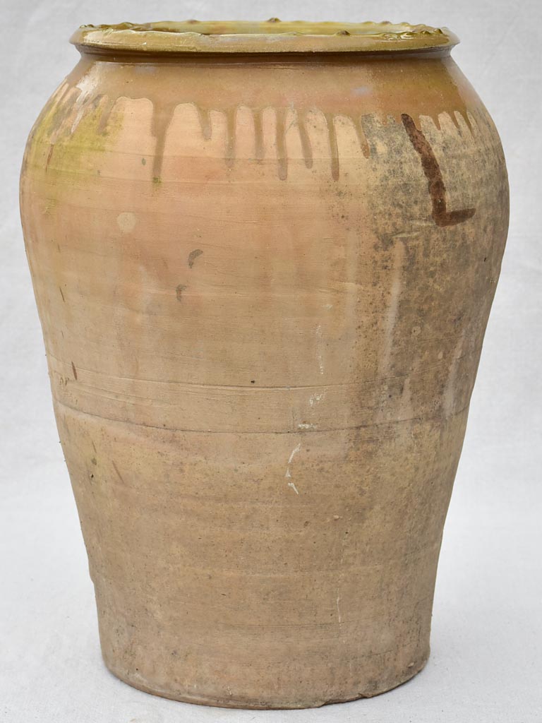 Antique olive jar with pea green glaze 19"