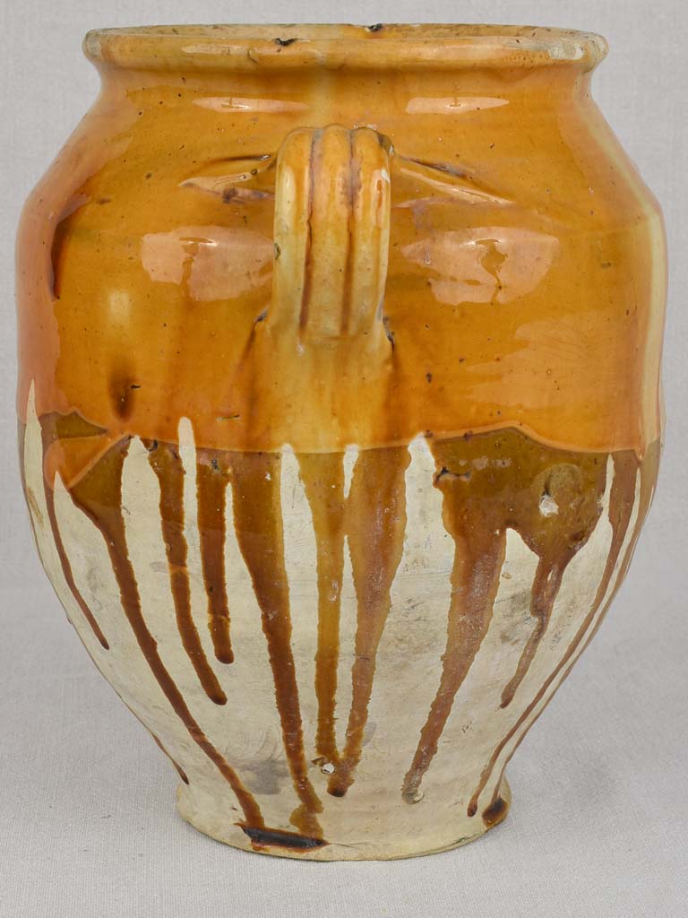 Large antique French confit pot with dripping ocher glaze 12½"