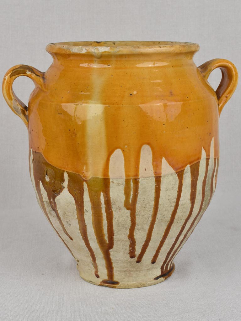 Large antique French confit pot with dripping ocher glaze 12½"