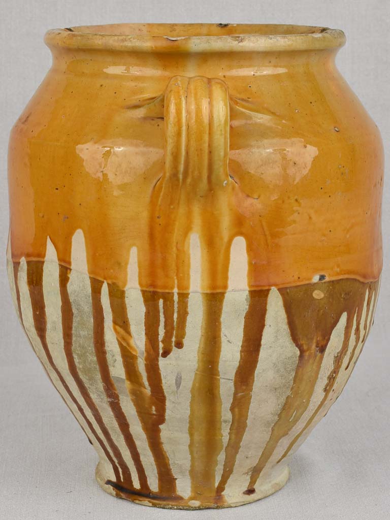 Large antique French confit pot with dripping ocher glaze 12½"