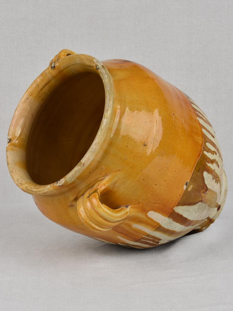 Large antique French confit pot with dripping ocher glaze 12½"