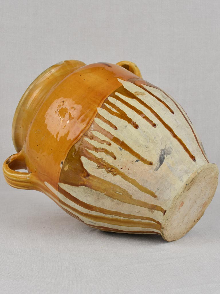 Large antique French confit pot with dripping ocher glaze 12½"