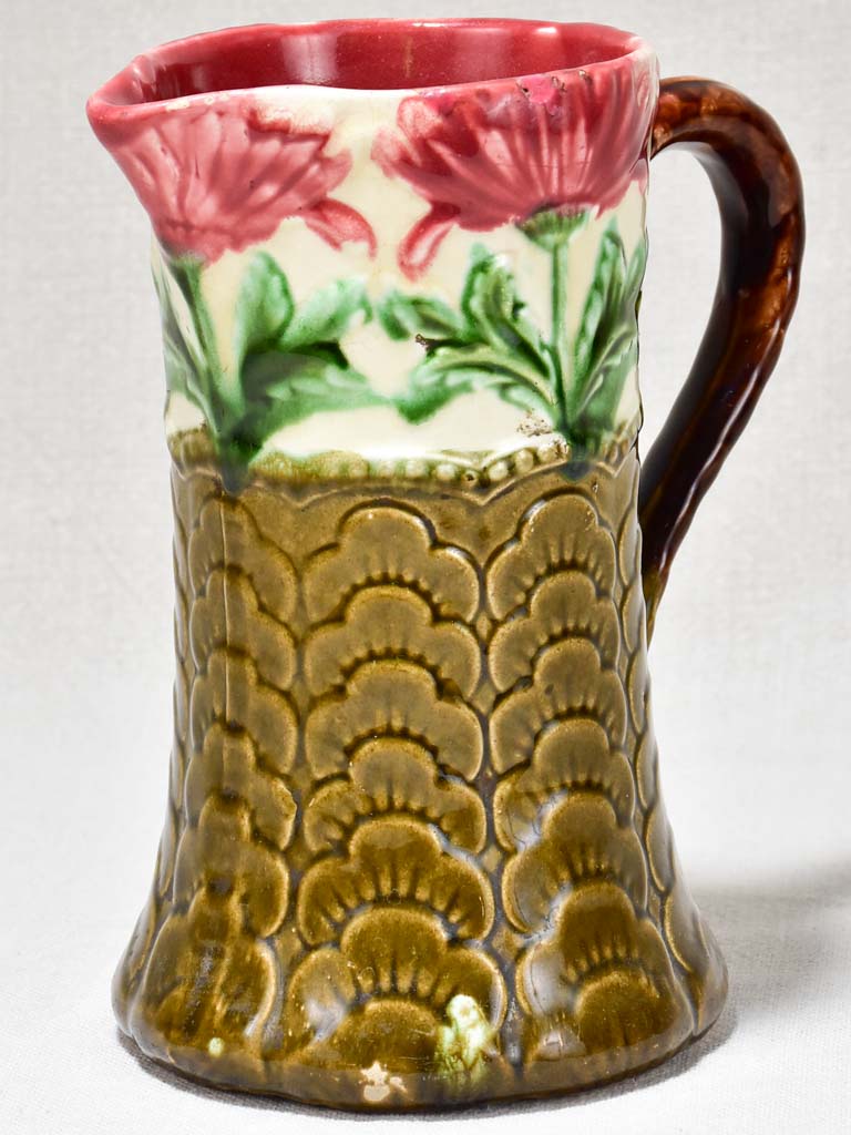Early 20th Century Barbotine pitcher - red flowers