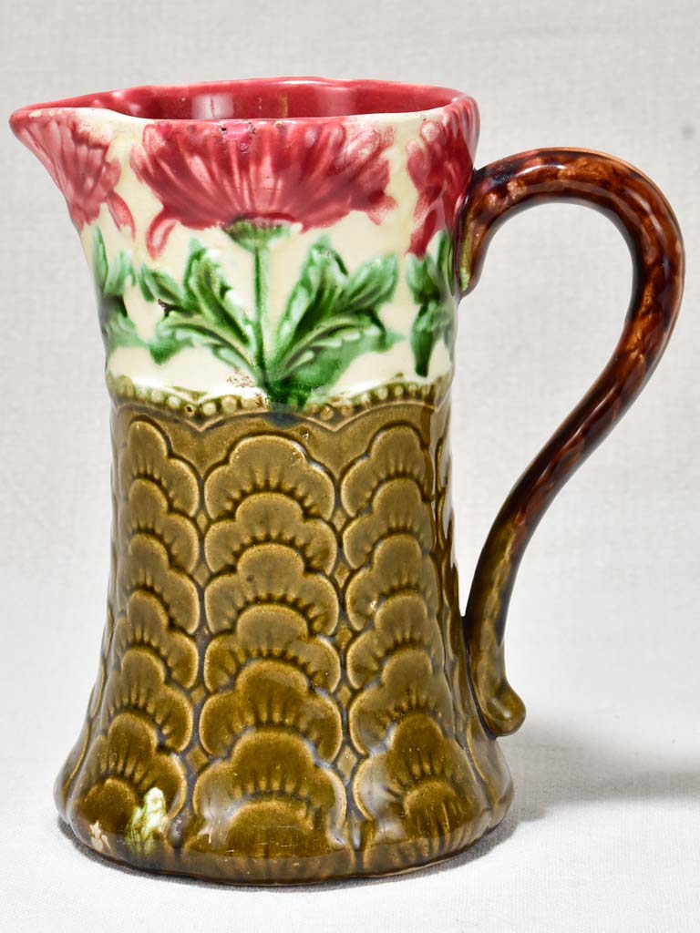 Early 20th Century Barbotine pitcher - red flowers