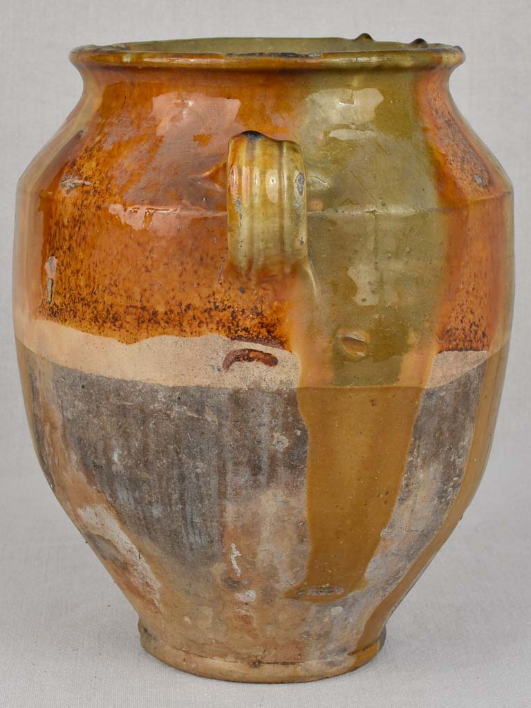 Superb antique French confit pot with broad running glaze 12½"