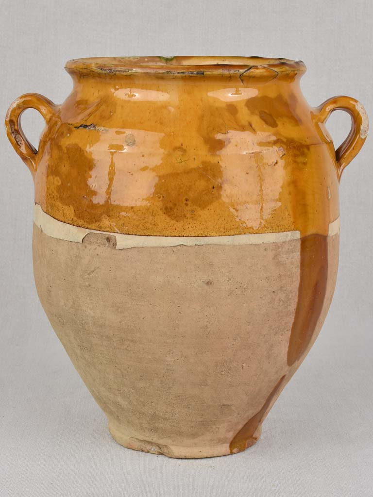 Confit pot, antique, yellow glaze with drips,13"