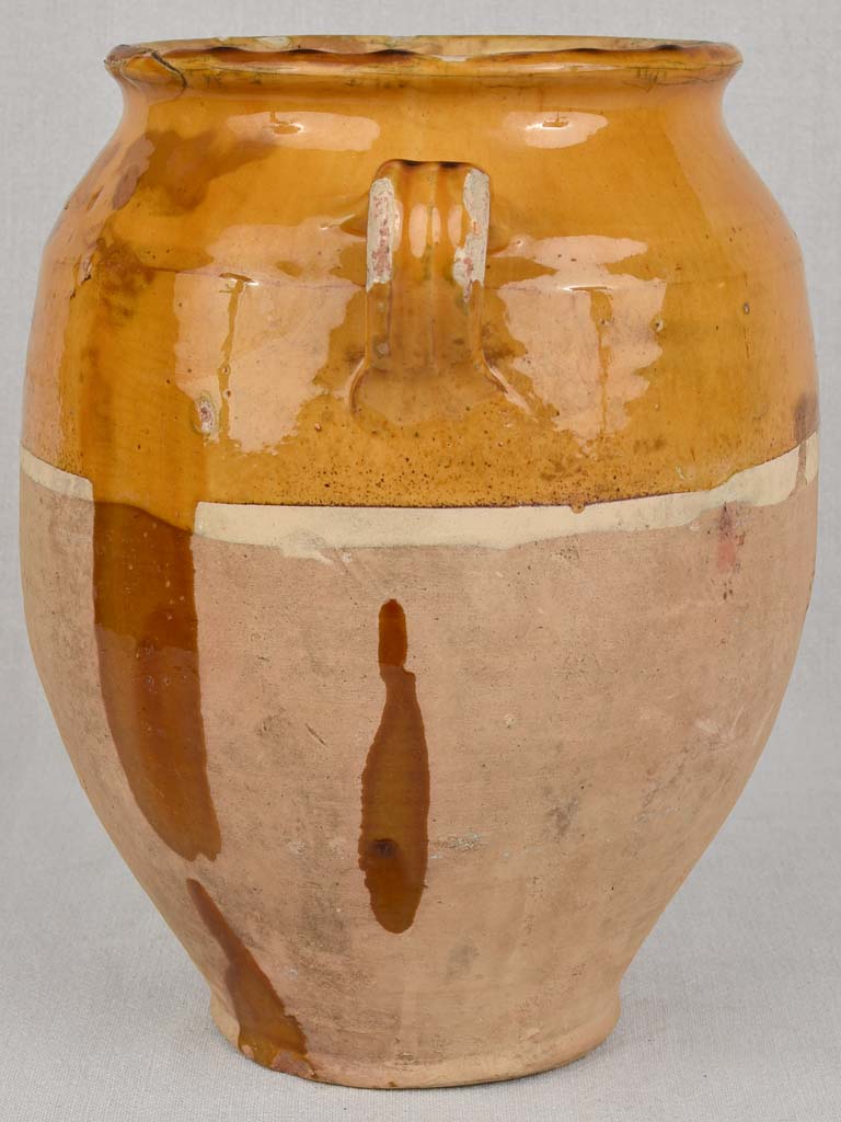Confit pot, antique, yellow glaze with drips,13"