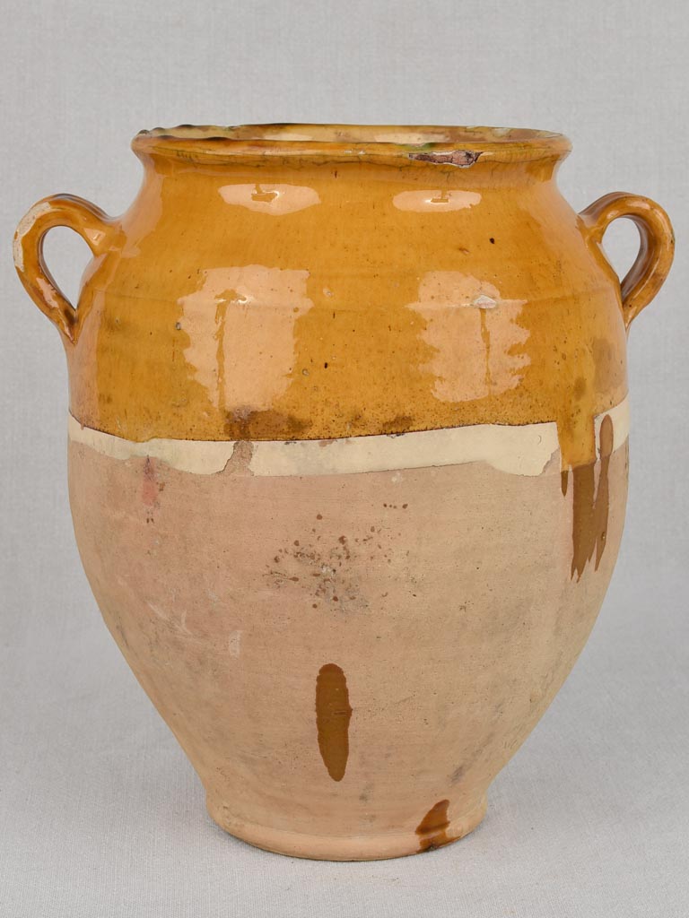 Confit pot, antique, yellow glaze with drips,13"