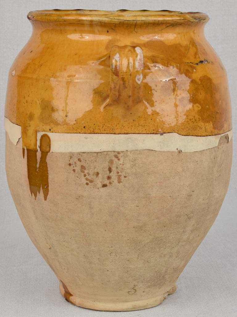 Confit pot, antique, yellow glaze with drips,13"