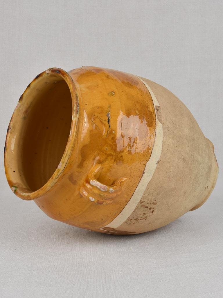 Confit pot, antique, yellow glaze with drips,13"
