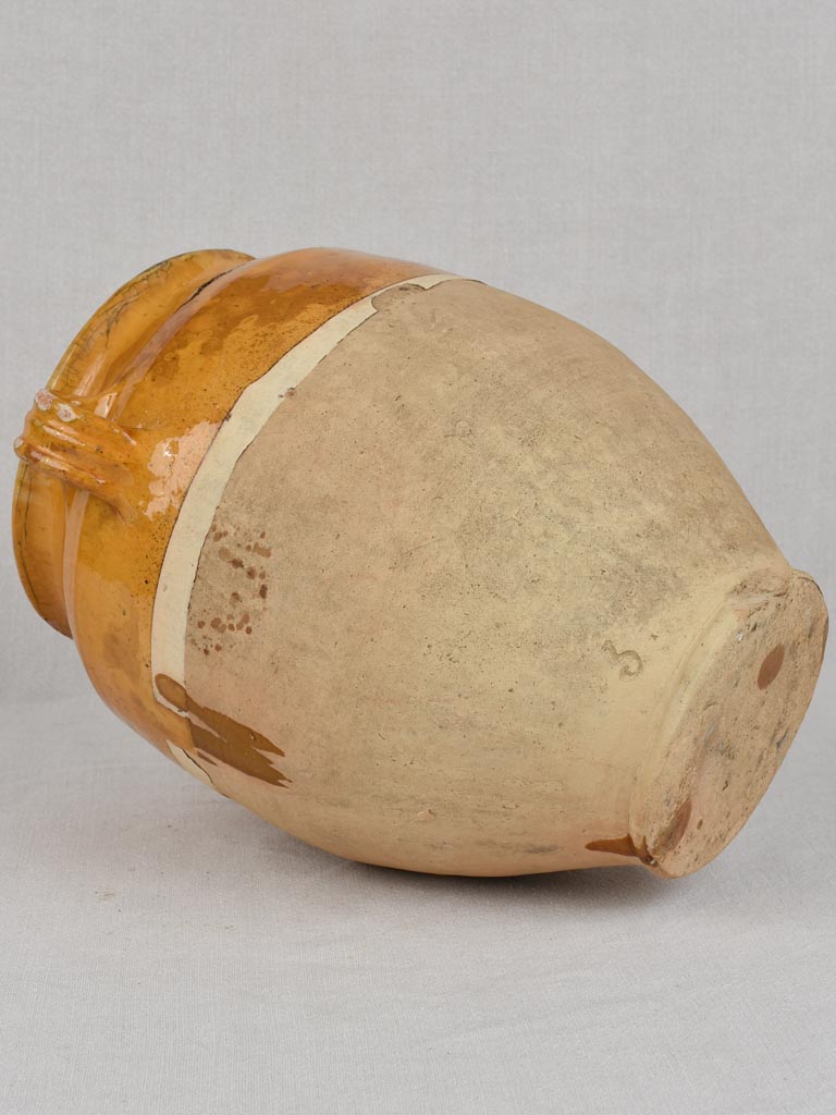 Confit pot, antique, yellow glaze with drips,13"