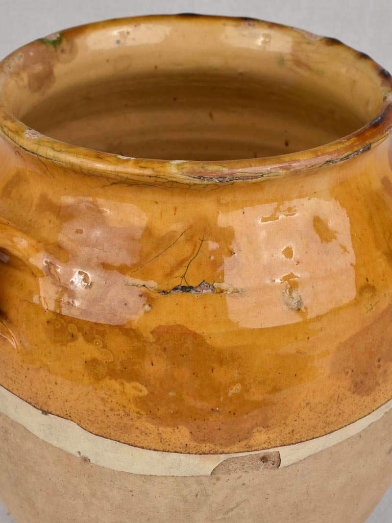 Confit pot, antique, yellow glaze with drips,13"