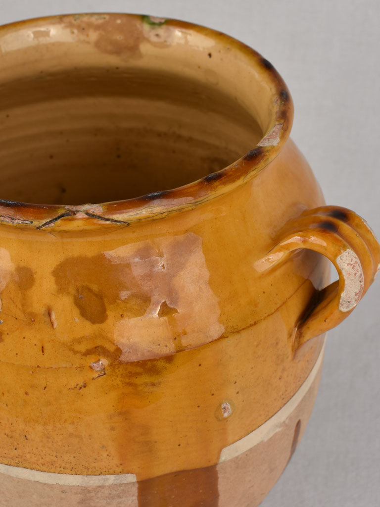 Confit pot, antique, yellow glaze with drips,13"