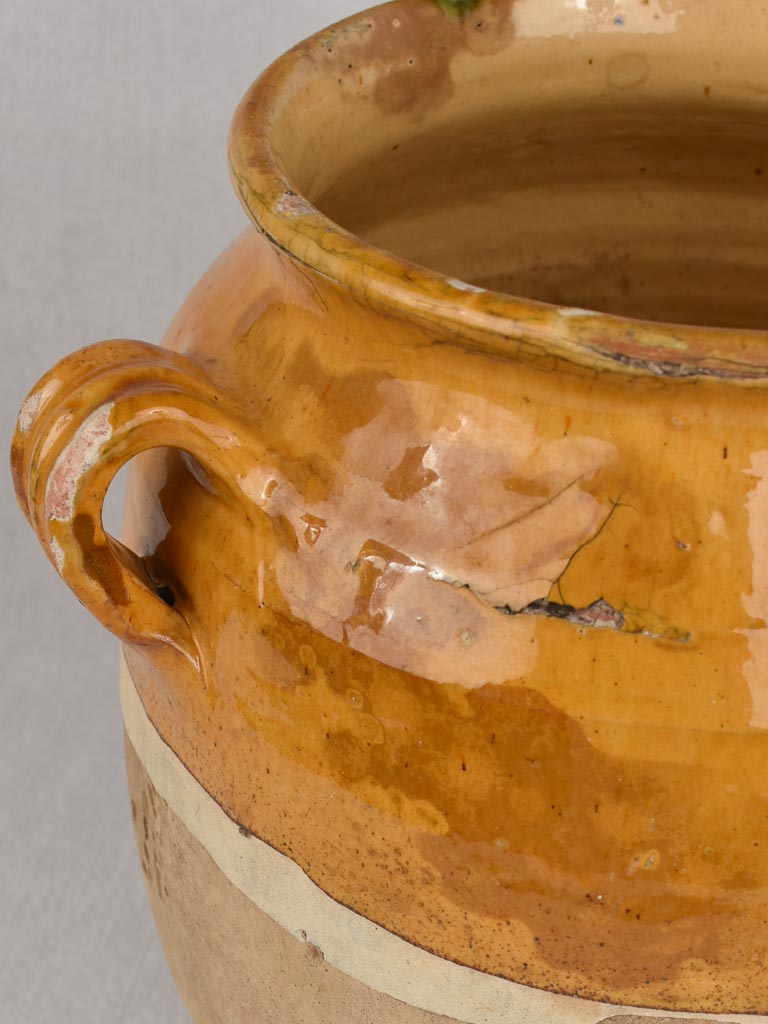 Confit pot, antique, yellow glaze with drips,13"