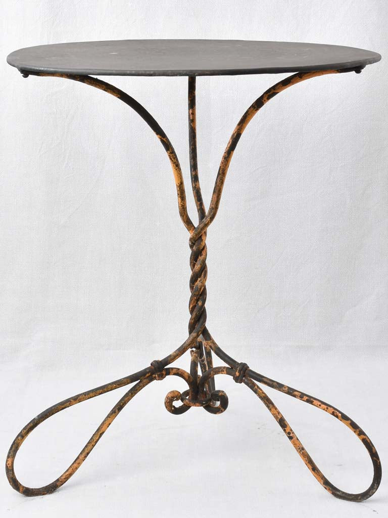 Antique French garden table w/ twisted wrought iron yellow base