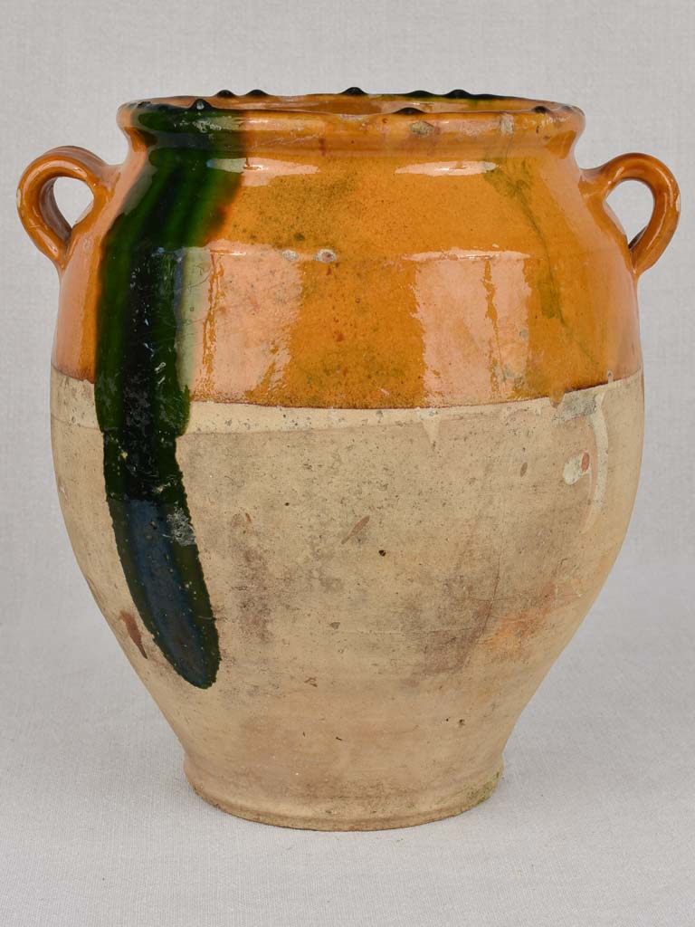 Confit pot, antique, green & yellow 12½"