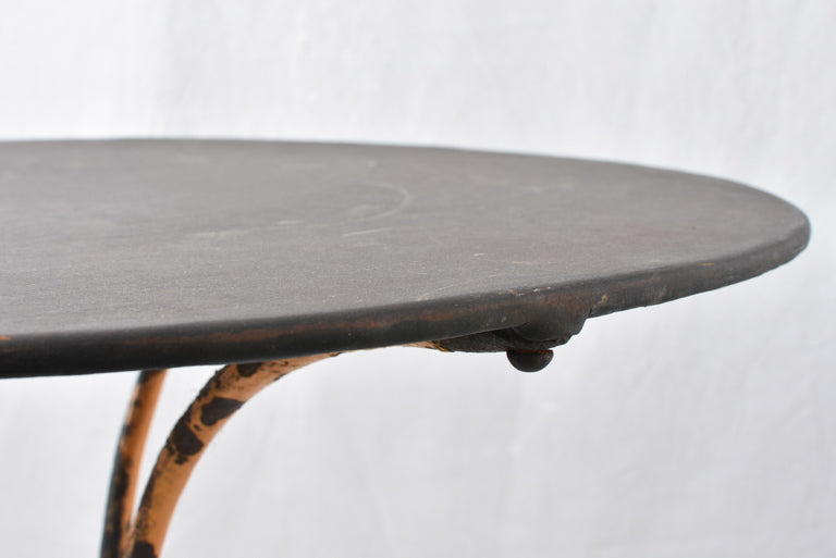 Antique French garden table w/ twisted wrought iron yellow base