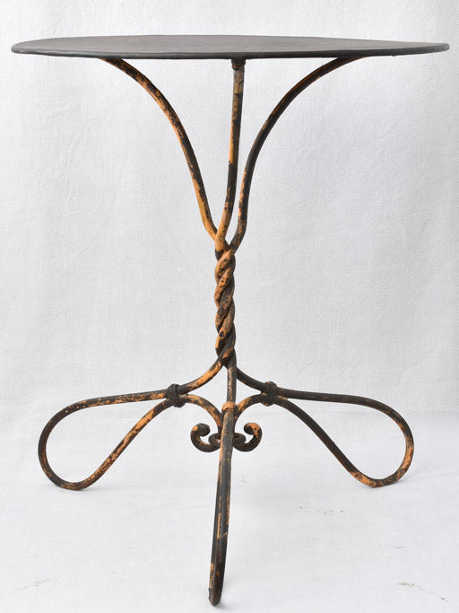 Antique French garden table w/ twisted wrought iron yellow base