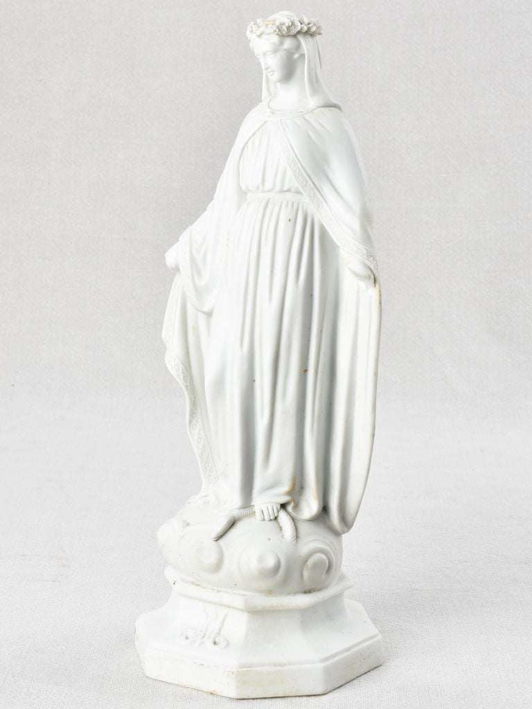 Biscuit' porcelain statue of the Virgin Mary wearing a crown 1900s 13¾"