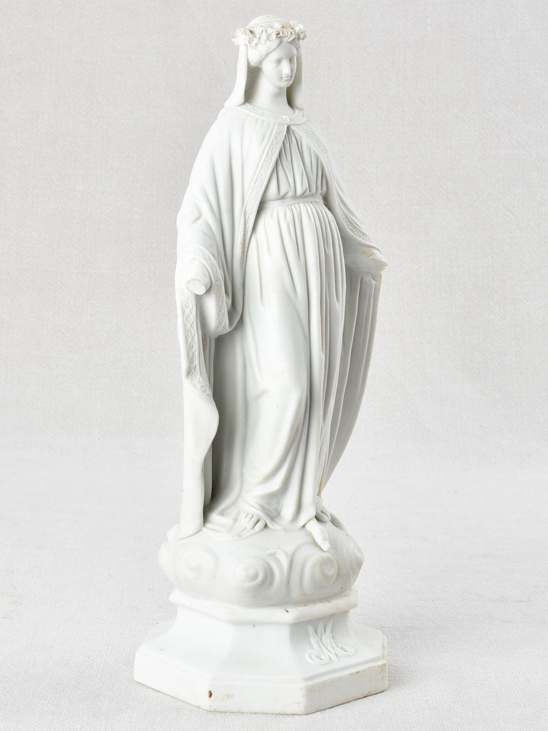 Biscuit' porcelain statue of the Virgin Mary wearing a crown 1900s 13¾"