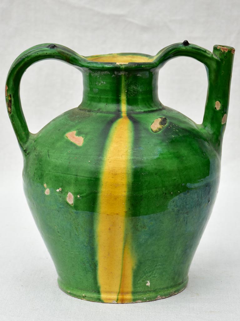 Superb 19th Century French water cruche with green and yellow glaze 11½"