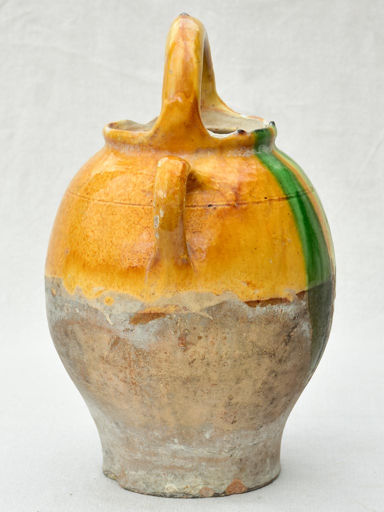 Antique French water pitcher / cruche with yellow and green glaze 15¼"