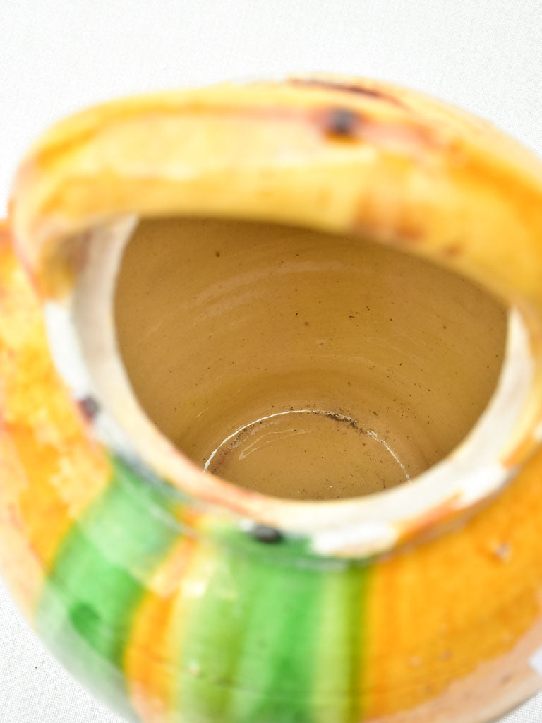 Antique French water pitcher / cruche with yellow and green glaze 15¼"