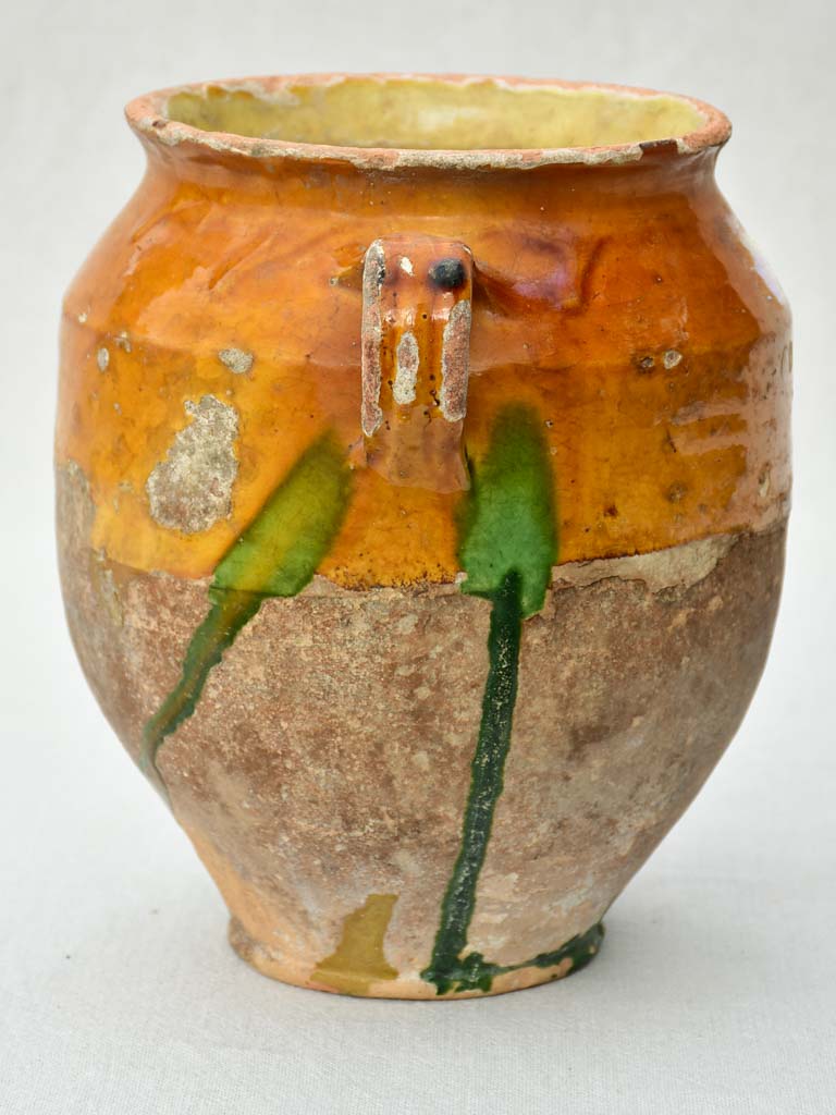 Antique French confit pot with orange glaze and green drips 9½"