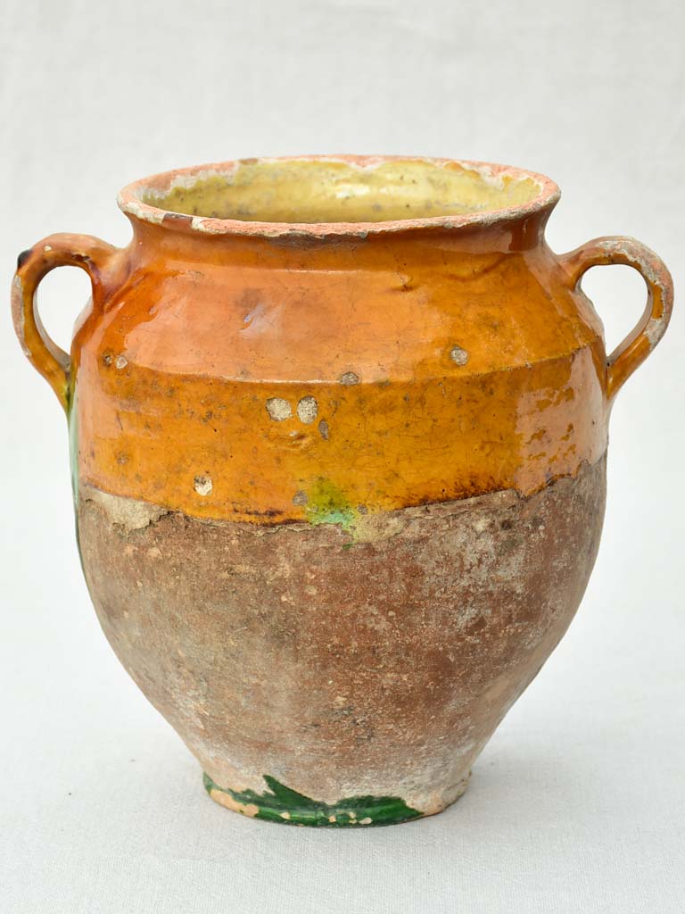Antique French confit pot with orange glaze and green drips 9½"