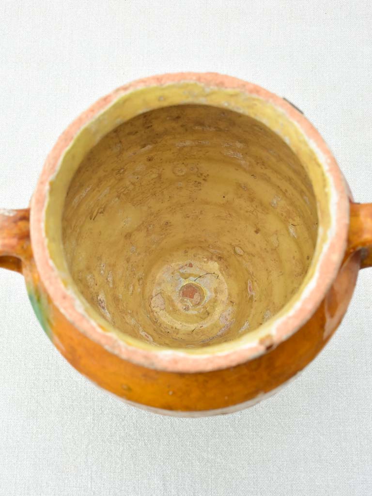Antique French confit pot with orange glaze and green drips 9½"