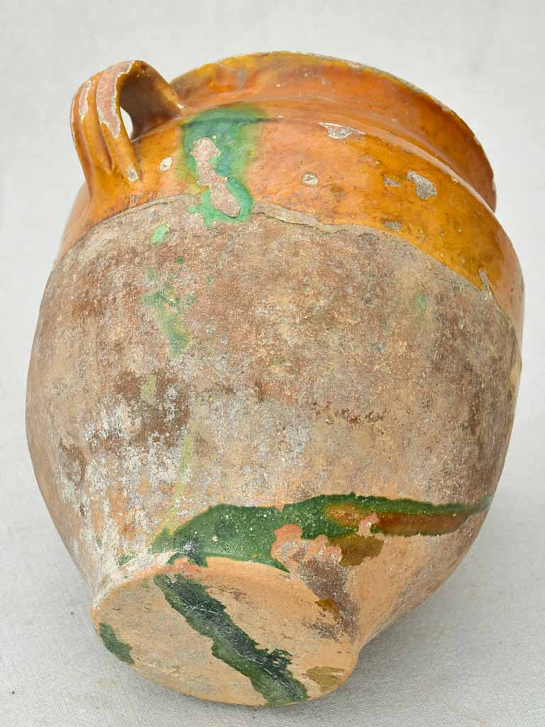 Antique French confit pot with orange glaze and green drips 9½"