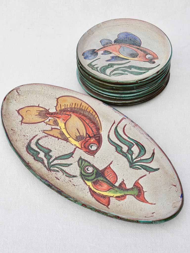 Mid-century handpainted French seafood service - 8 plates 1 platter