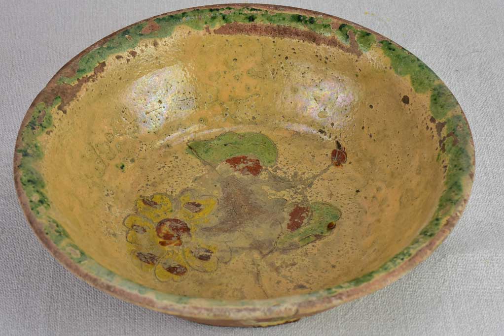 Antique French terracotta bowl with flowers with old repairs 11"