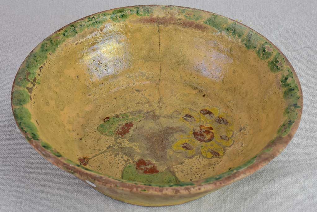 Antique French terracotta bowl with flowers with old repairs 11"