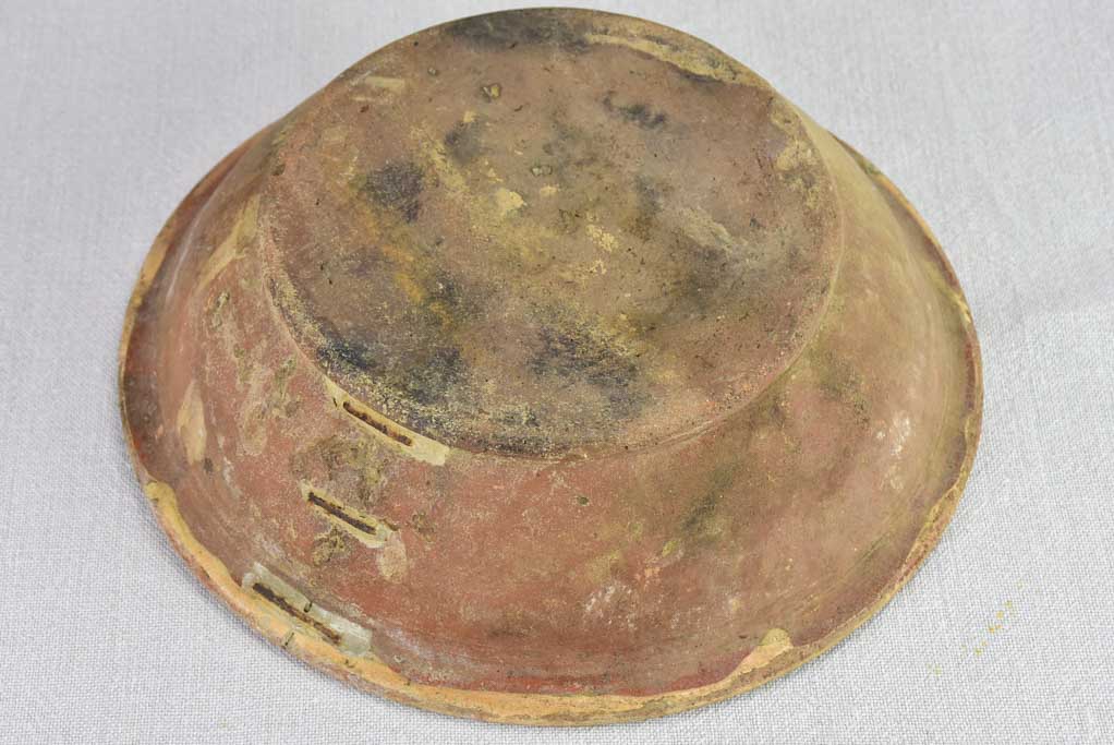 Antique French terracotta bowl with flowers with old repairs 11"