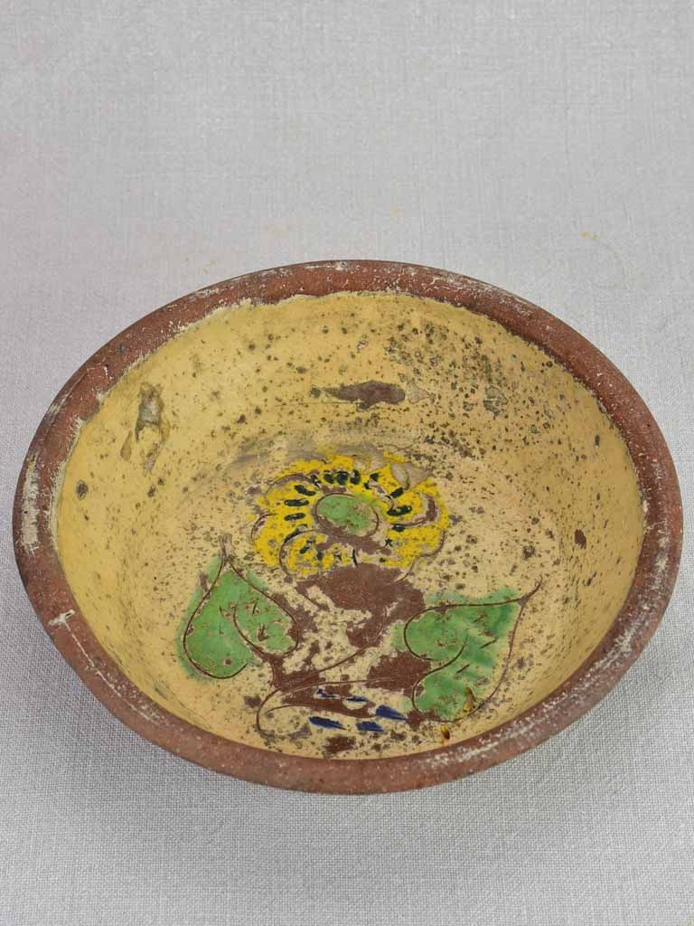 Antique French terracotta bowl with flowers 9¾"